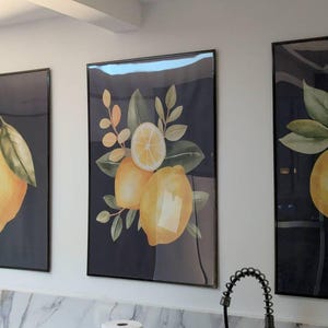 Lemon Wall Art: Navy & Yellow Kitchen Decor (set of 3) - Framed