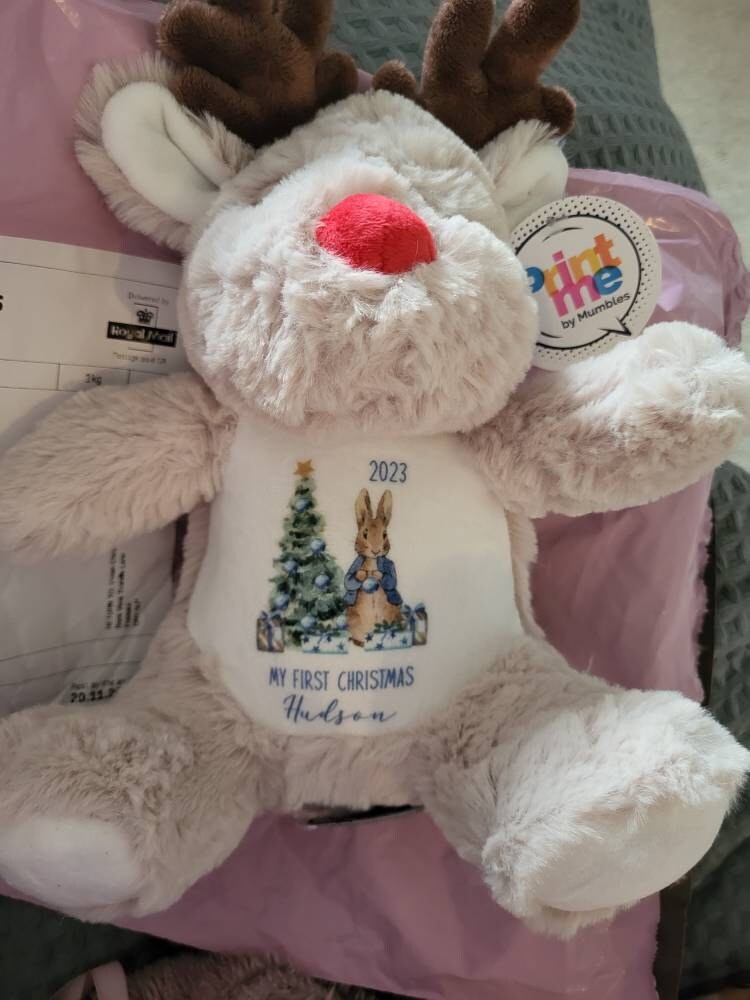 Personalised Small Rudolf Reindeer Christmas Teddy Bear Plushie Baby&#39;s First 1st Xmas Children&#39;s Kids Name Gift Present Keepsake