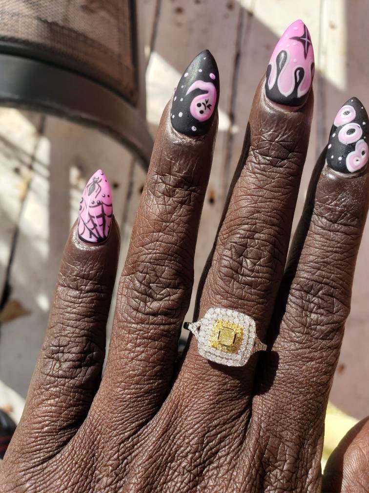 Midnight Magic Fake Nails | Black Pink Halloween Special Press On Nails Stiletto | Hand-made Glue On Nails | Luxury Fake Nails HA4