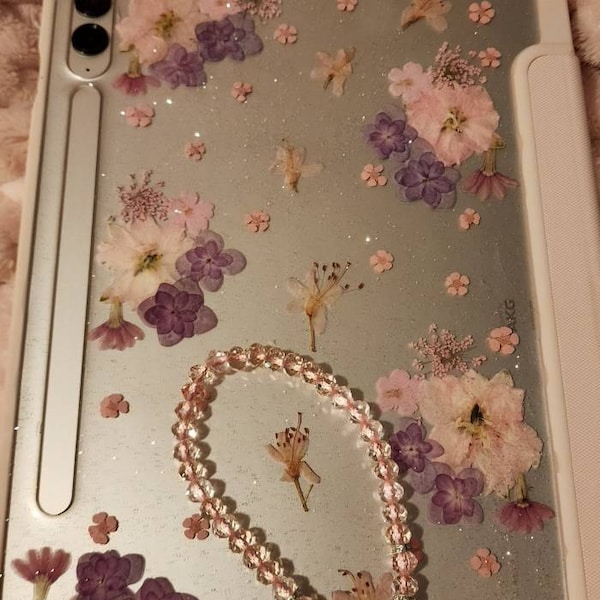Real Pressed Pink Flower Glitter Case for Samsung Tab S11 S10 S9 S8 ...