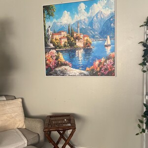地中海の湖の景色を描いた額装壁画：イタリア沿岸の風景画風ウォール