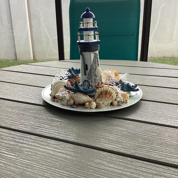 PRICE DROP! Tall Wood Lighthouse Centerpiece W/ Shells, Slate Blue ...
