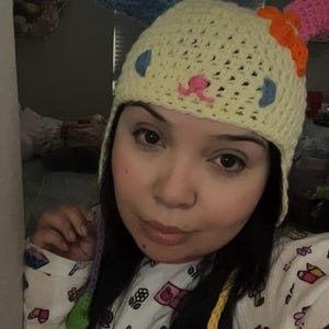 Usahana Flower Crochet Bunny Ear Beanie Hat With Ear Flaps
