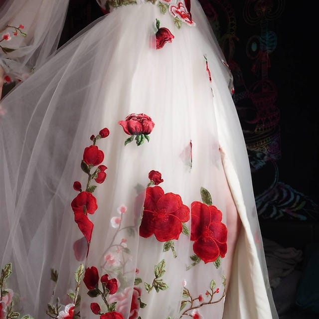 dress with embroidered roses Colorful Off Shoulder Wedding Dress with Embroidered Flowers main image 1