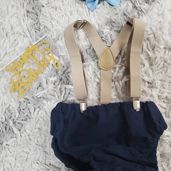 Cake Smash Boy First Birthday super soft navy cotton Diaper Cover,navy Suspenders, navy bow tie, Birthday Photoshoot
