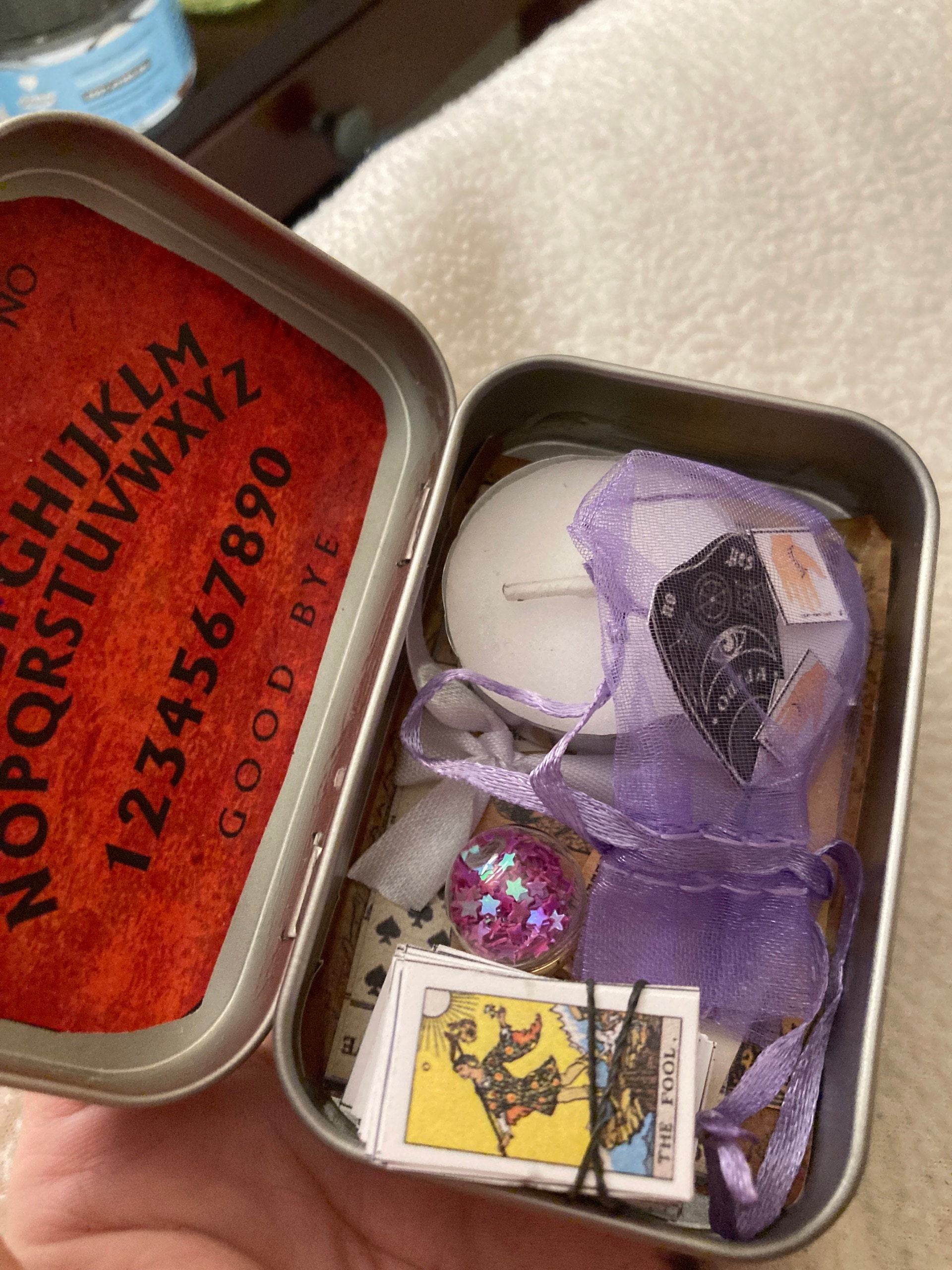 mini tarot tin, mini tarot kit, on the go mini tarot tin, palmistry ouija board psychic spell kit, mini tarot card deck, mini ouija board,