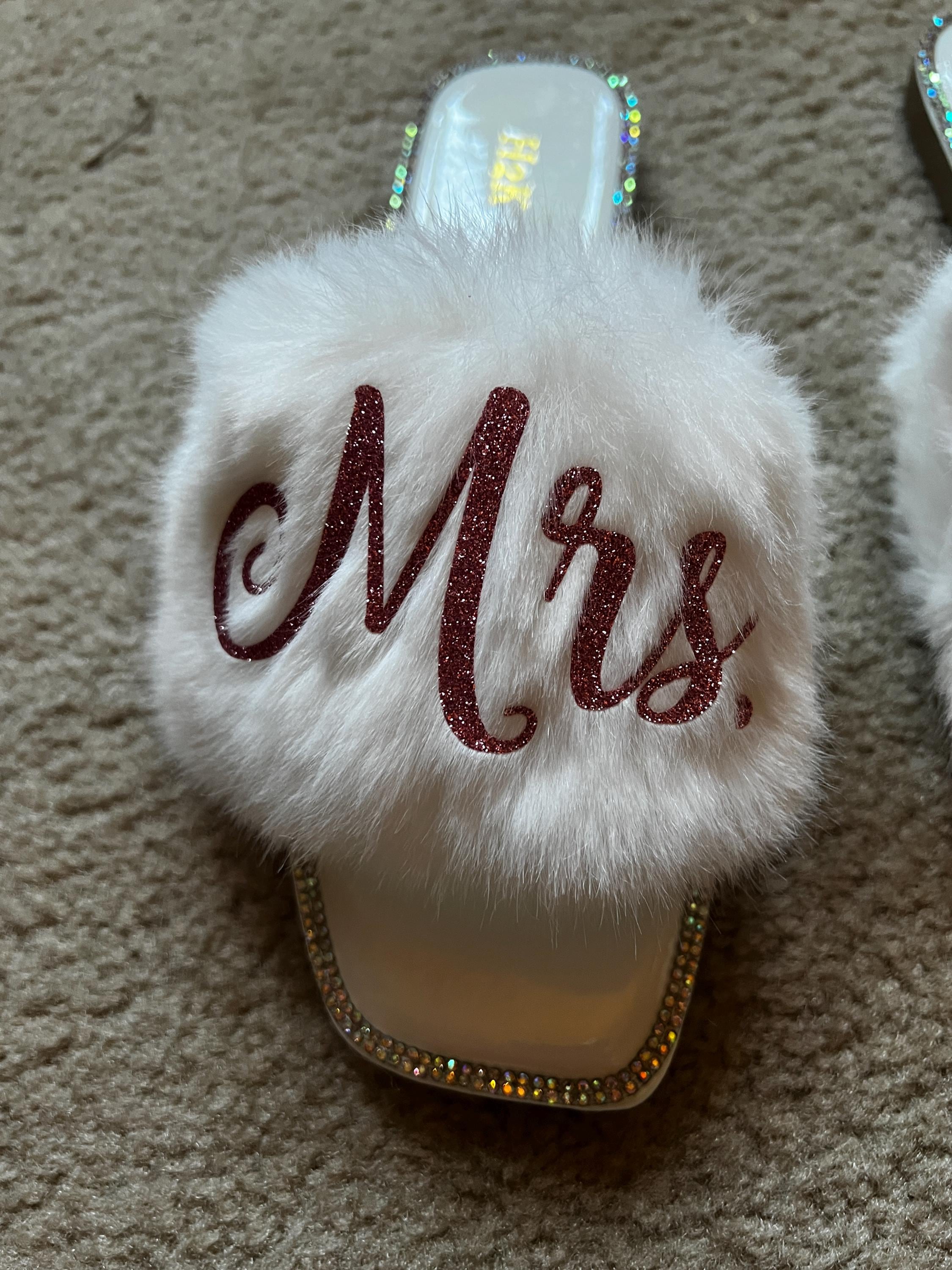 Bride Personalized White Fur Slides with Rhinestones |Bride Custom Slippers great gift for Bride to Be to get ready on Wedding day!