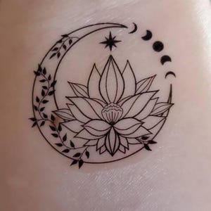 Lotus Crescent Moon Phases Temporary Tattoo / Wildflower Vine Moon ...