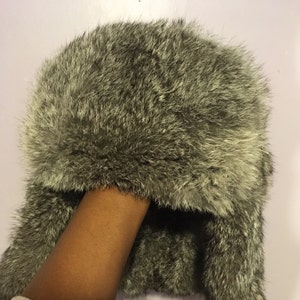 Grey Rabbit Fur Russian Ushanka Hat 
