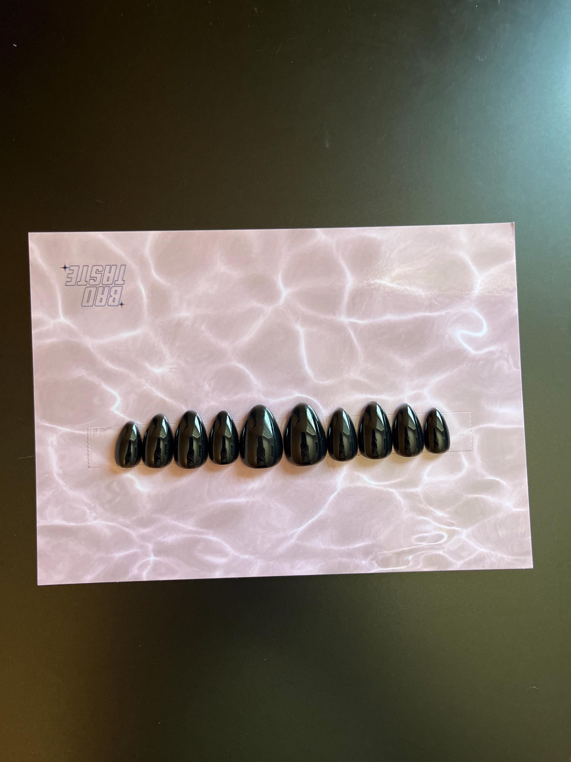 JELLY BLACK Korean style press on nail art, gothic simple clean nails for fall winter, halloween nails, goth, stiletto long medium short