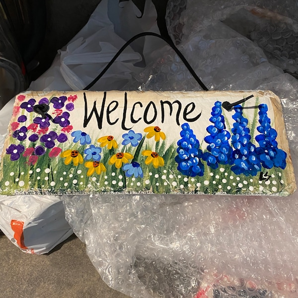 Floral Slate Welcome Sign: Spring Porch Decor, Garden Art - Etsy