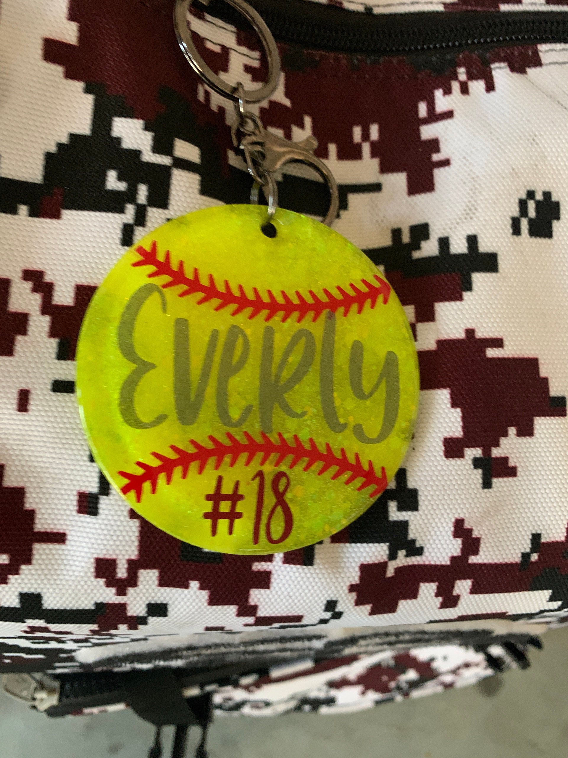 Custom, Glitter Softball Keychain/Bag Tag