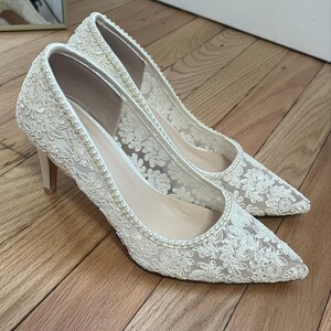 Ivory Crochet Pointy Toe PUMPS With MINI PEARLS, Women Wedding