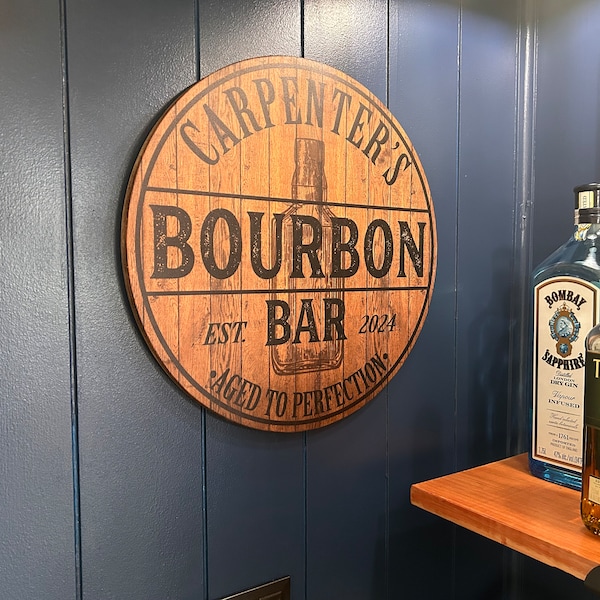 Personalized Bourbon Bar Sign, Custom Round Metal Bar Sign, Aged to ...