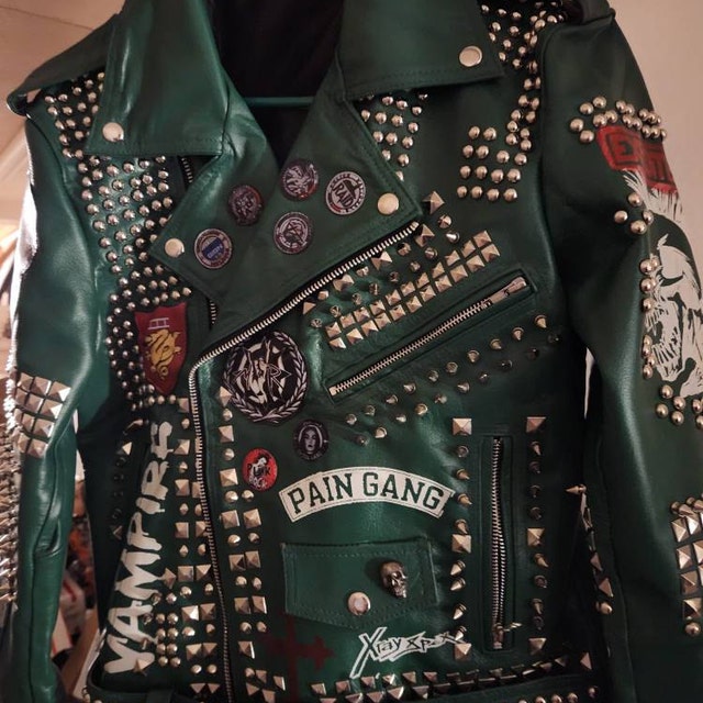 Green Studded Leather Men, Punk Studded Leather Jacket