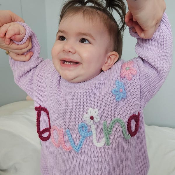 Custom Hand Embroidered Oversized Toddler And Baby Name Knit Sweater