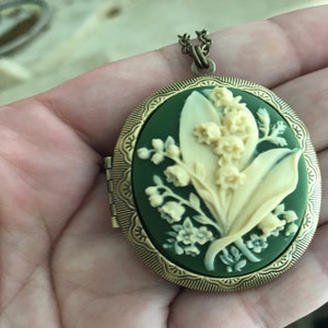 Lily Flower Cameo Locket Green Cameo Necklace Lily of the - Etsy