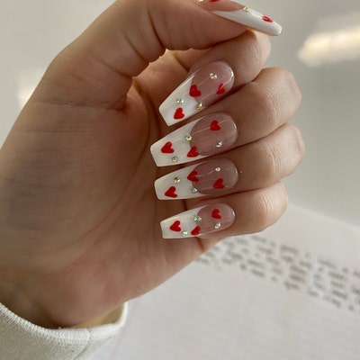 White French With Little Red Heart Press on Nails Diamond Nails Simple ...