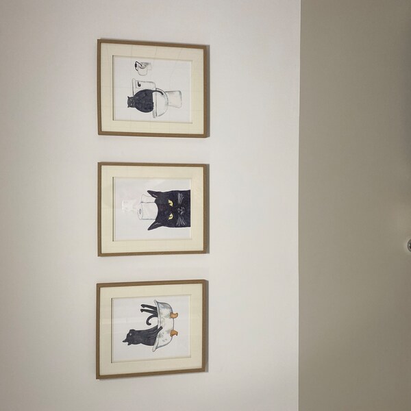 Set of 3 Black Cat Toilet Painting Wall Poster Watercolor Art Decor ...
