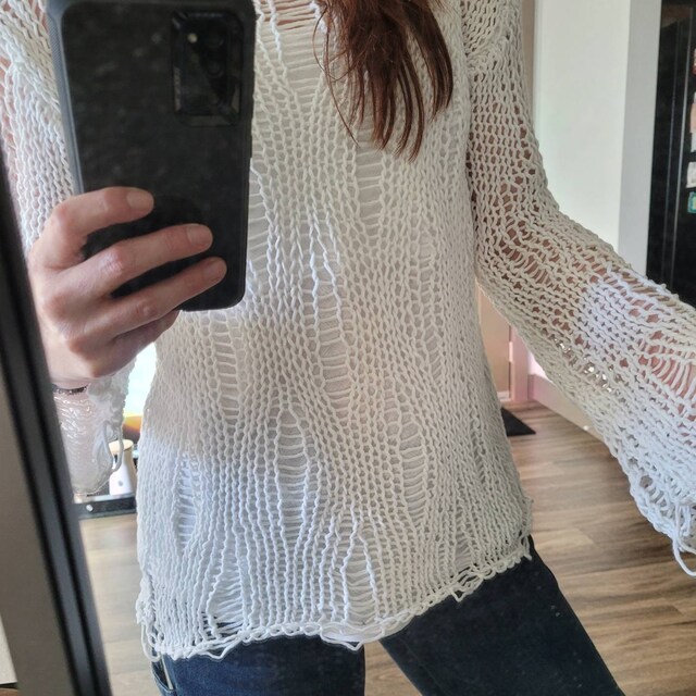 Cotton Mesh Sweater Wth Long Sleeves, Black Loose Knit