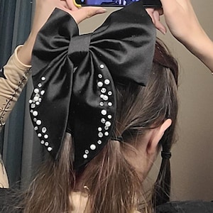 Black Satin Hair Bow: Handmade Pearl & Crystal Barrette - Etsy display picture 1
