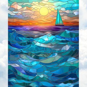 海景ステンドグラス、夕暮れの海の波、波間を航行する帆船 - Etsy 日本