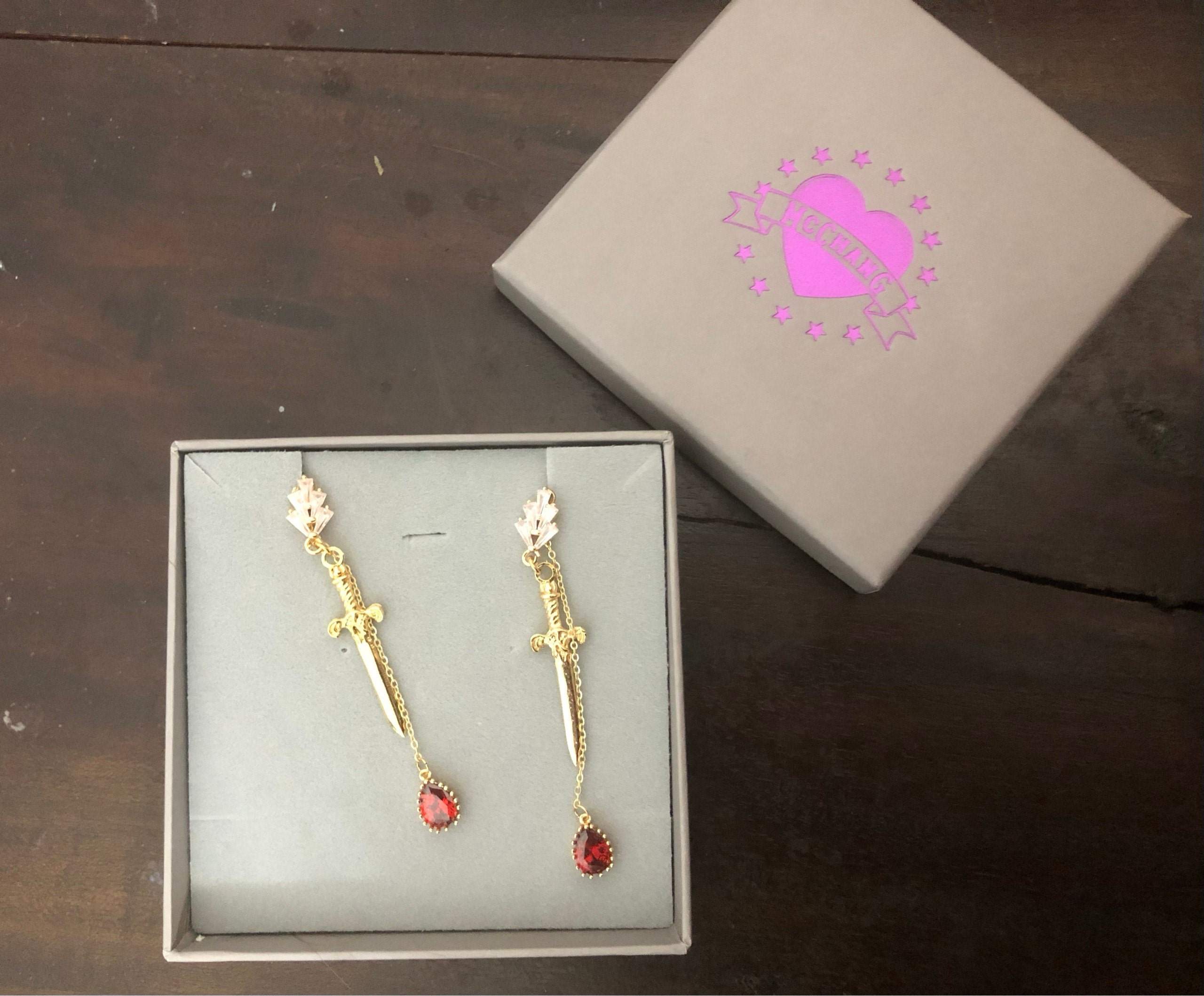 Sword and Blood Drop Dangle 2 Way Earrings / Gold,Silver, Black Deep Red Teardrop Earrings