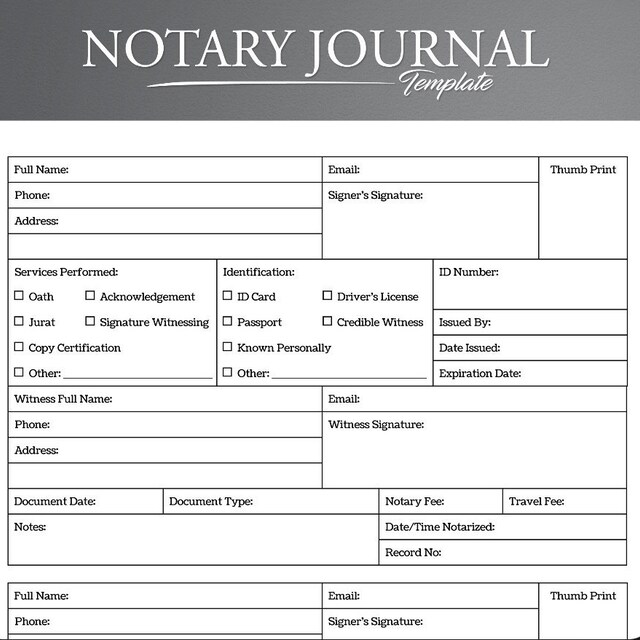 Printable Notary Journal. Notary Log. Notary Book Printable