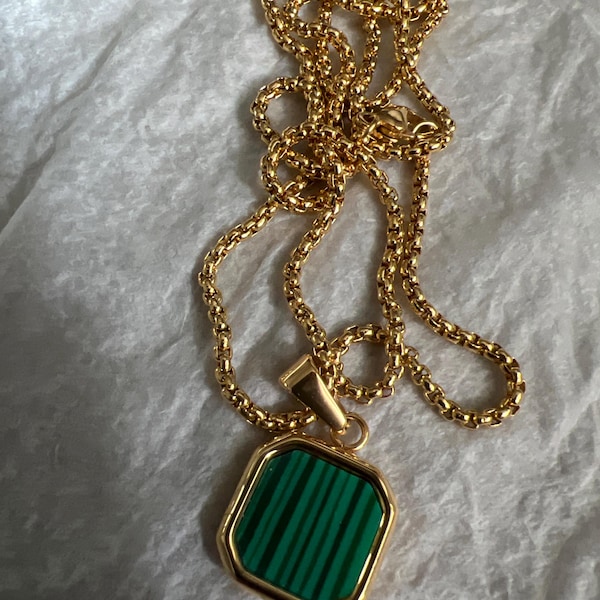 18k Gold Malachite Stone Pendant Chain Mens Green Malachite Necklace ...