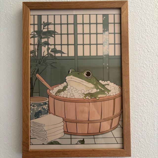 Japanese Frog in a Bathtub Print, Japanese Bathroom Wall Art