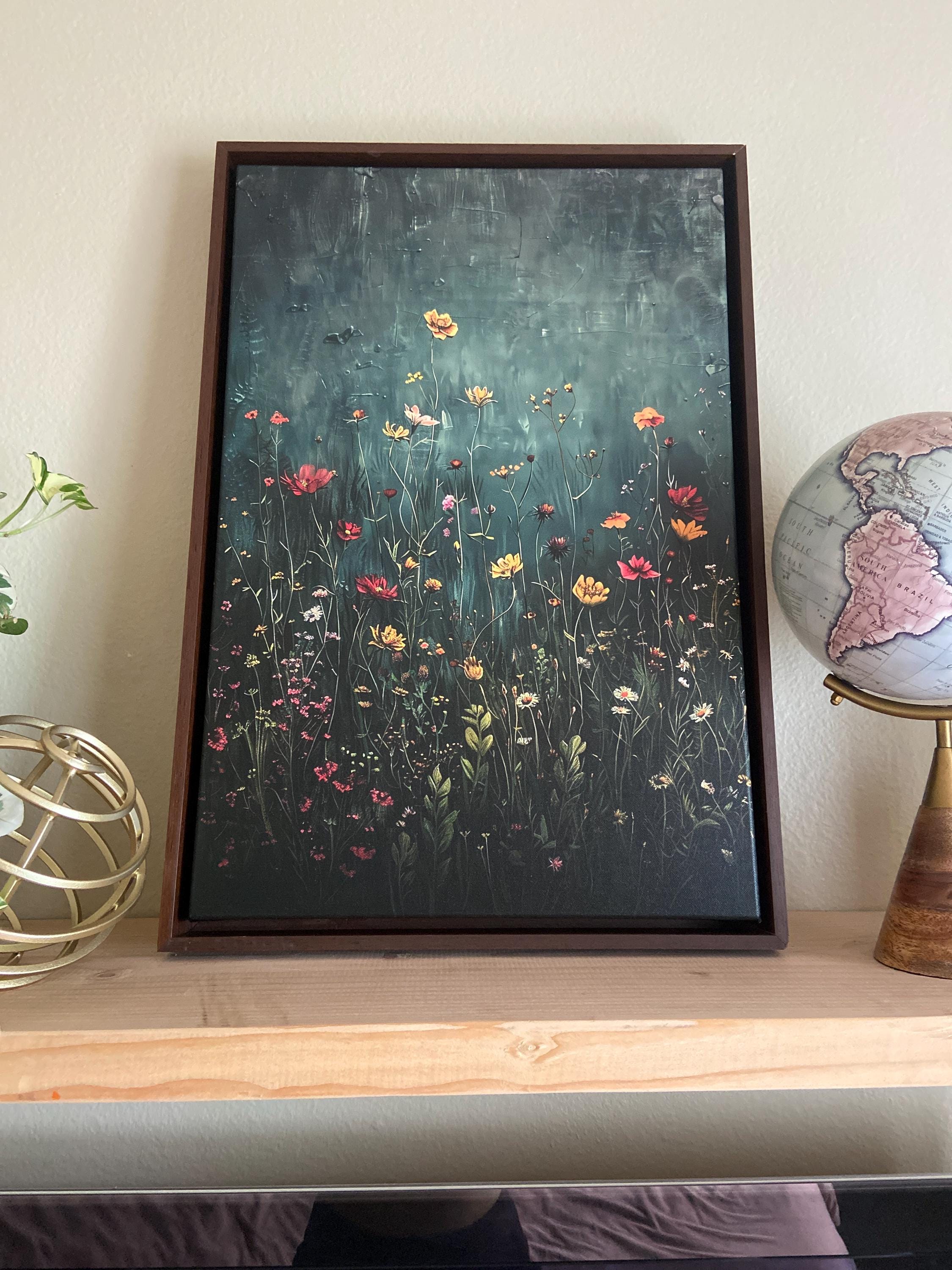 Wildflower Field Framed Wall Art, Vintage Botanical Landscape Sign, Floral Decor, Modern Farmhouse Canvas Art, Field Of Flowers Canvas Print