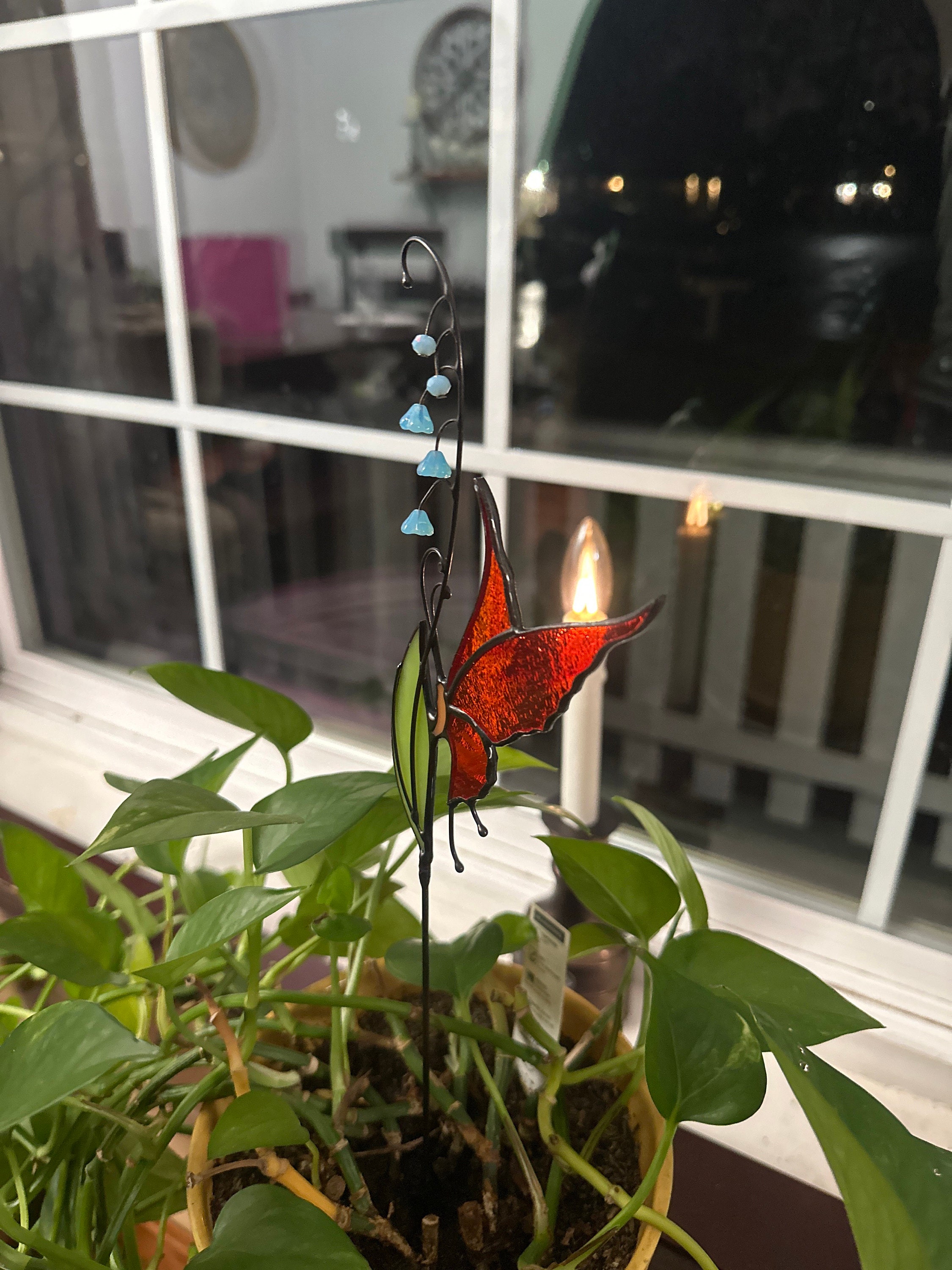 Stained glass Butterfly decor - Garden stake and Suncatcher 2 in 1 - Butterfly plant stake on metal rod - Thank You Gift for Mom