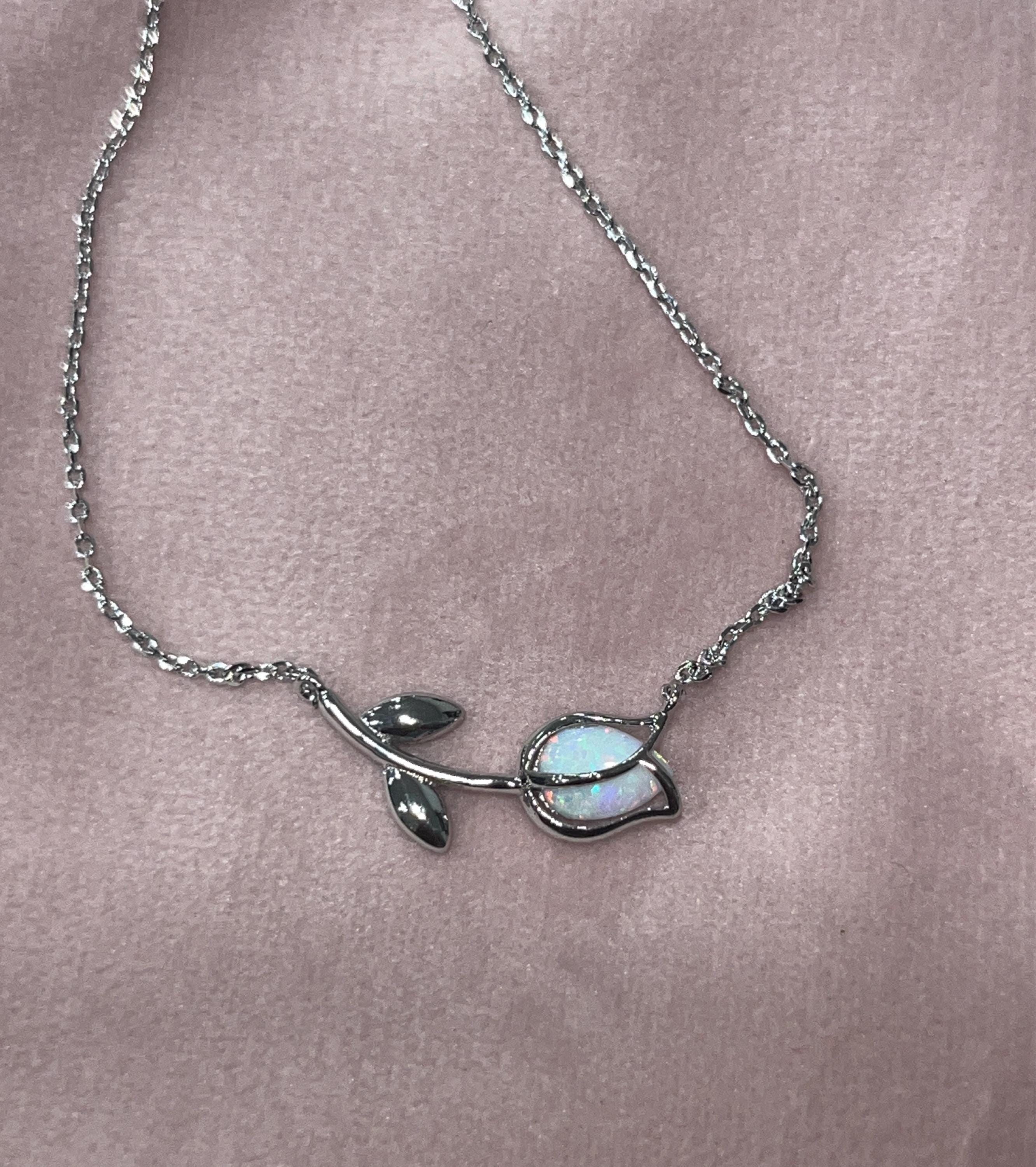 Dainty Encased Opal Tulip Wrap Necklace, Aesthetic, Simple, Gold, Silver Elegant, Minimal Jewelry, bridesmaid, Delicate, Layering Her Gift