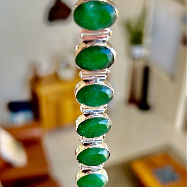 Handmade Zambian Emerald Bracelet: 925 Sterling Silver Adjustable Chain ...