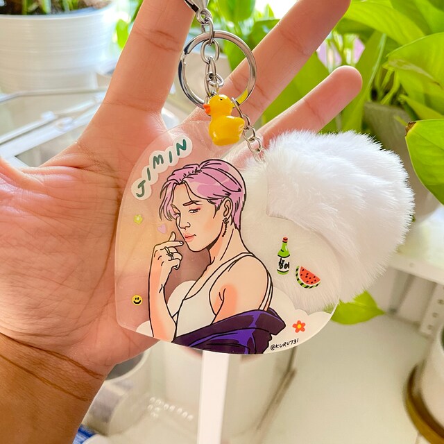 BTS JIMIN 着用★15wol★Camellia Flower Keyring BTS Keychain Selfie Photo + Name + Charm ~ *CUTE* ~ V