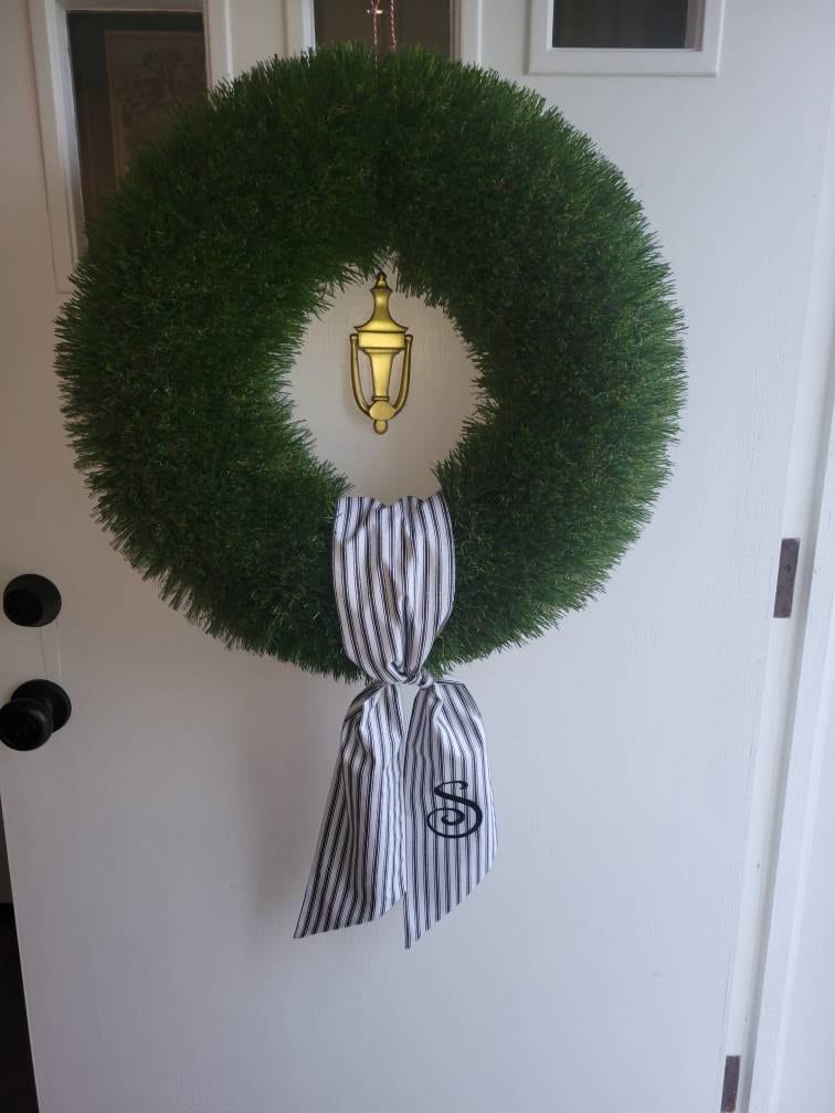 Personalized Black Ticking Stripe Wreath Sash for Front Door, Modern Farmhouse Decor, Striped Embroidered Scarf for Boxwood Wreath, Birthday Gift for Friend