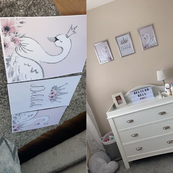 Swan Princess Girls A4 or A3 Nursery Set of Unframed Personalised ...