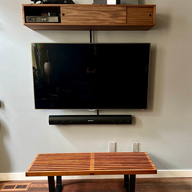 Walnut Floating TV Stand Media Console With Sliding Doors, TV Stand 