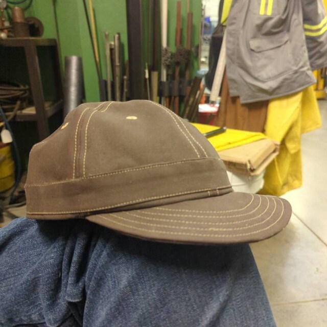 6 Panel Mechanics Cap in Brown Cotton Canvas, Soft Visor