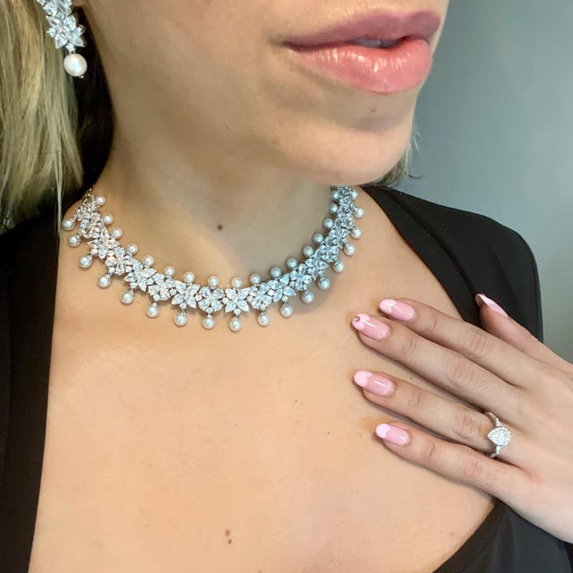 White Tone Diamond Pearl Choker Necklace With Earrings