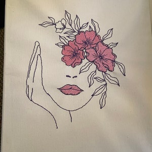 Lady With Flowers Embroidery Design Line Art Embroidery File - Etsy