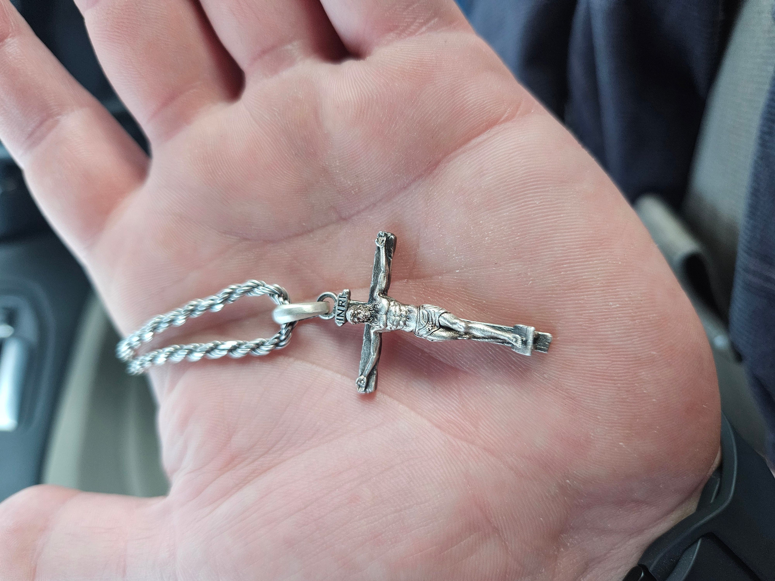 Handmade Silver Jesus Crucifix Necklace,3D Jesus Relief Cross Savior Pendant,Engraved Jesus Religious Charm,Silver Man Necklace,Gift For Men
