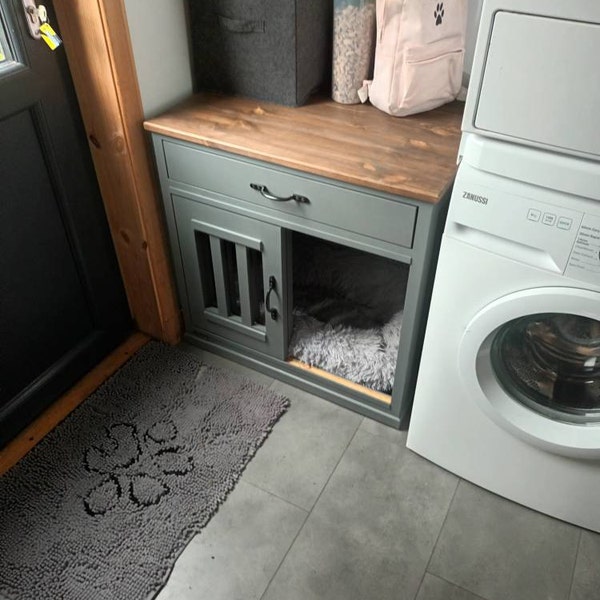 View of Double Wooden Dog Bed/crate/kennel/ TV Sideboard- Drawers and Divider ...