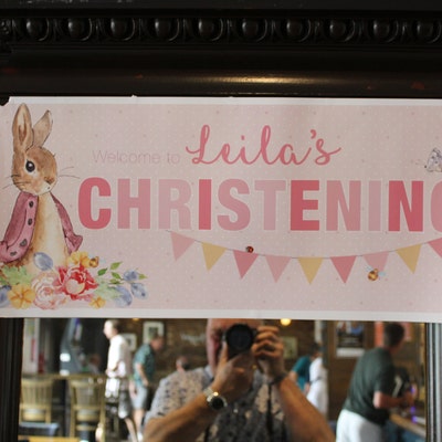Personalised Christening/Baptism Bunting Banner - Floral Cross Design Blue/Pink