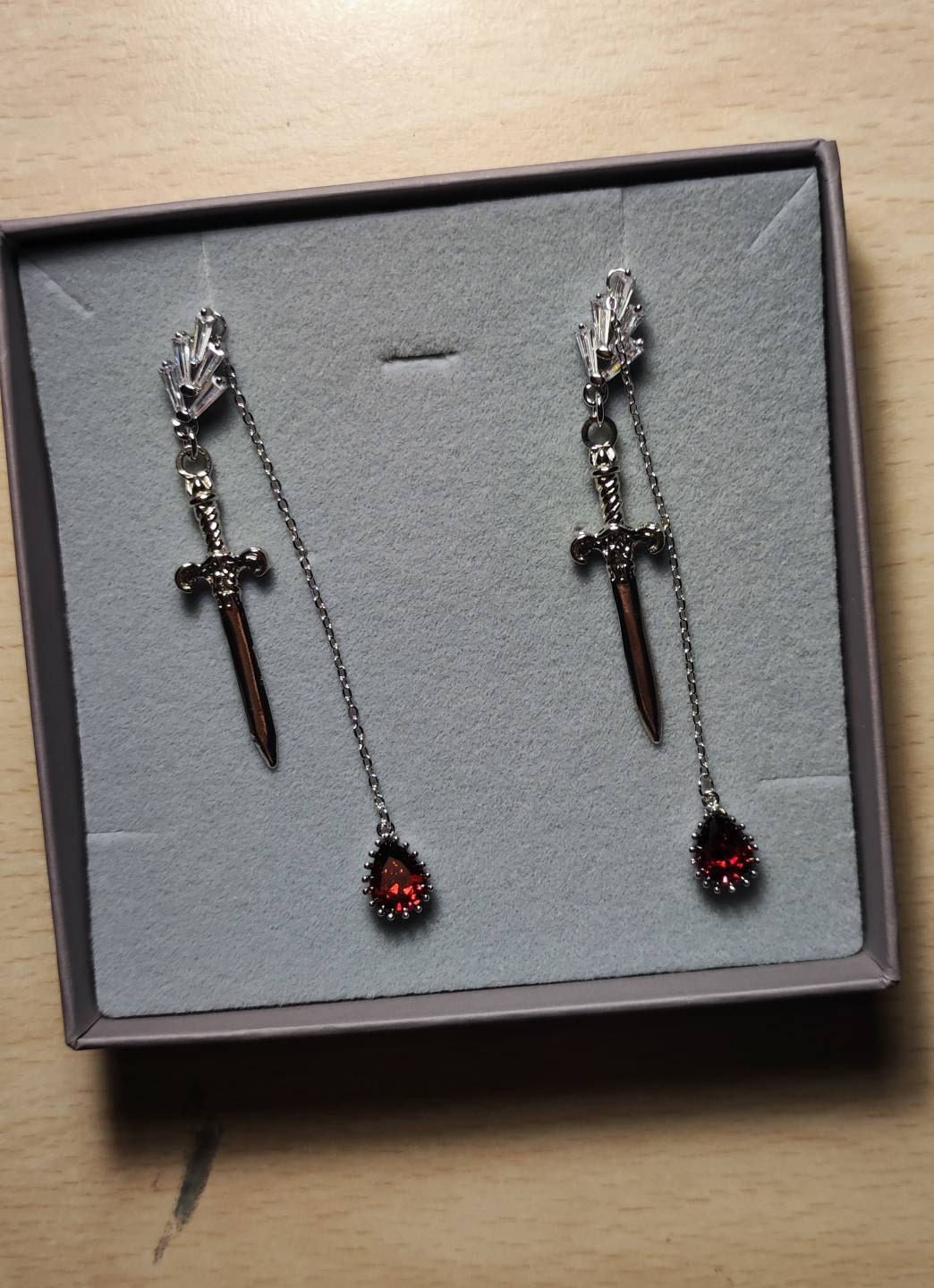 Sword and Blood Drop Dangle 2 Way Earrings / Gold,Silver, Black Deep Red Teardrop Earrings