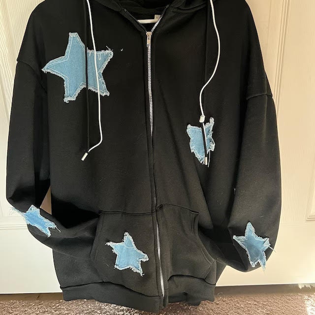 Y2K Star Zip up Hoodie, Unisex Patchwork Stitch Sweatshirt