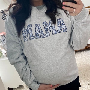 Mama Embroidered Blue Floral Applique Sweatshirt Simple Mama Pullover ...