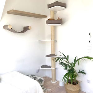 White Tall Cat tree constructor - White Cat tower, Cat stairs, Cat scratcher, Modern Cat wall furniture, Cat scratching post, Gift for cat