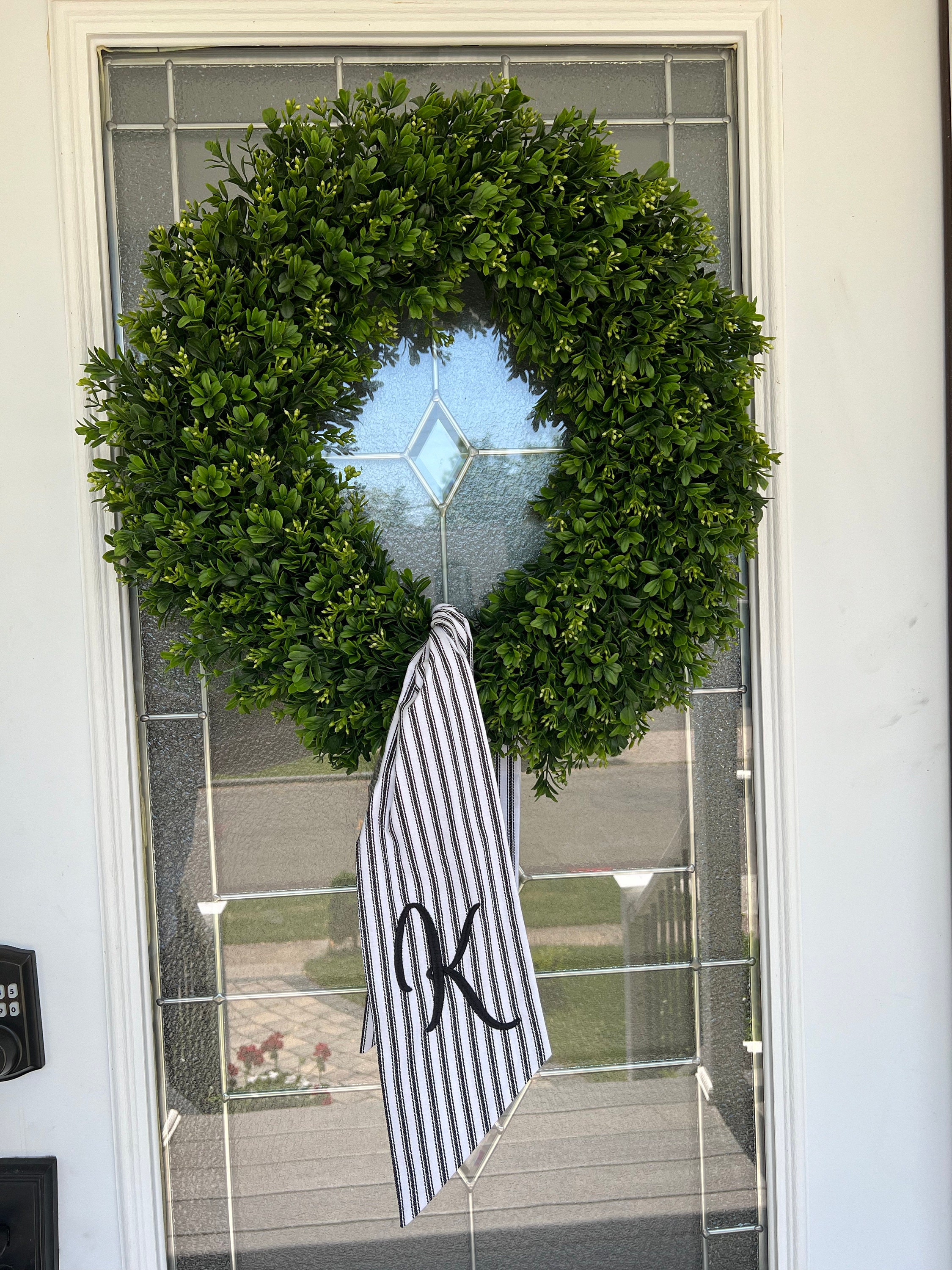 Personalized Black Ticking Stripe Wreath Sash for Front Door, Modern Farmhouse Decor, Striped Embroidered Scarf for Boxwood Wreath, Birthday Gift for Friend