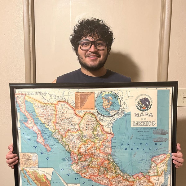 Old map of mexico wall map restored showing counties and relief